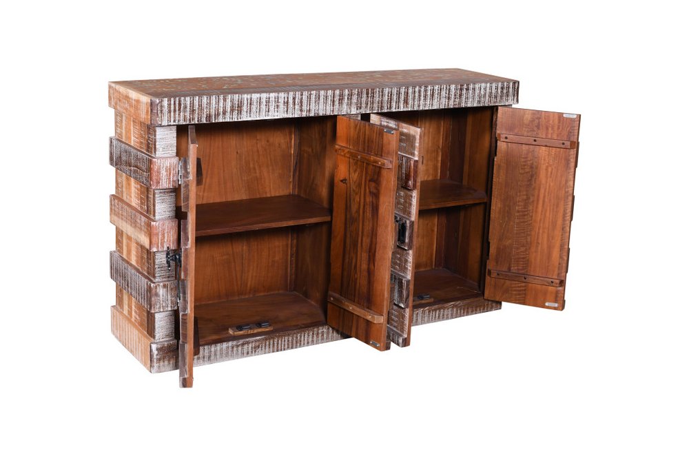 60" Brown Distressed Reclaimed Wood Ribbed Texture Sideboard with Four Doors