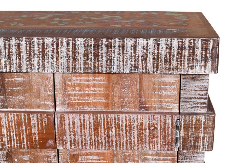 60" Brown Distressed Reclaimed Wood Ribbed Texture Sideboard with Four Doors