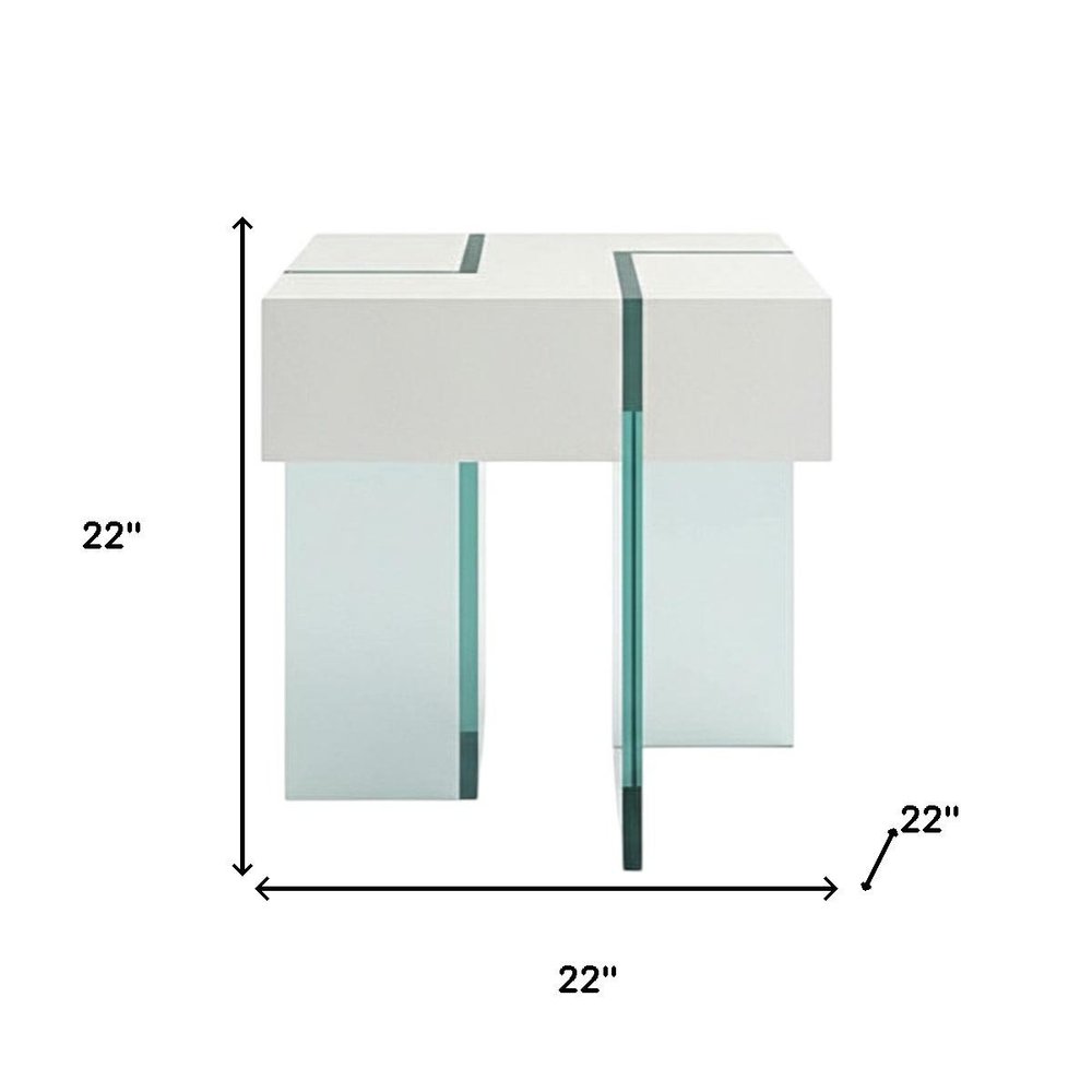22" White And Clear Wood And Glass Square Sled End Table
