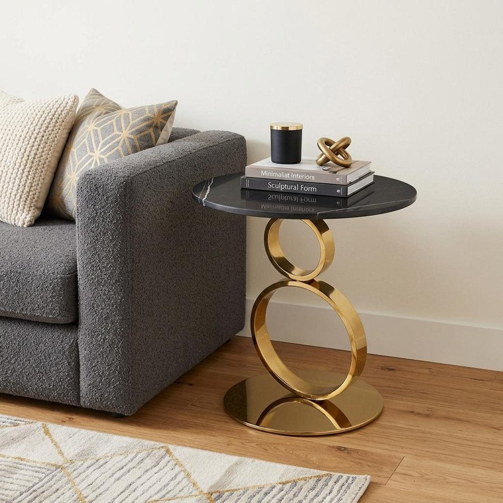 21" Black And Gold Stone And Stainless Steel Round Pedestal End Table