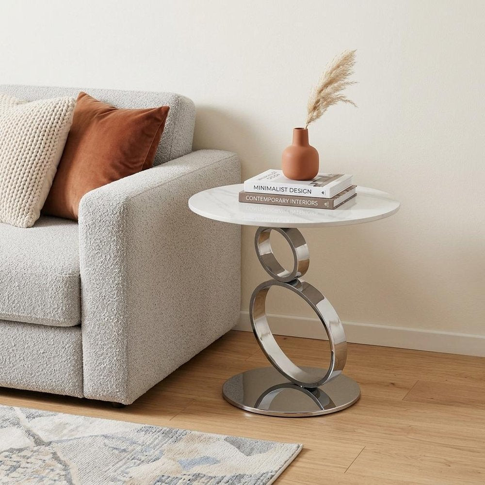 21" White And Silver Stone And Stainless Steel Round Pedestal End Table