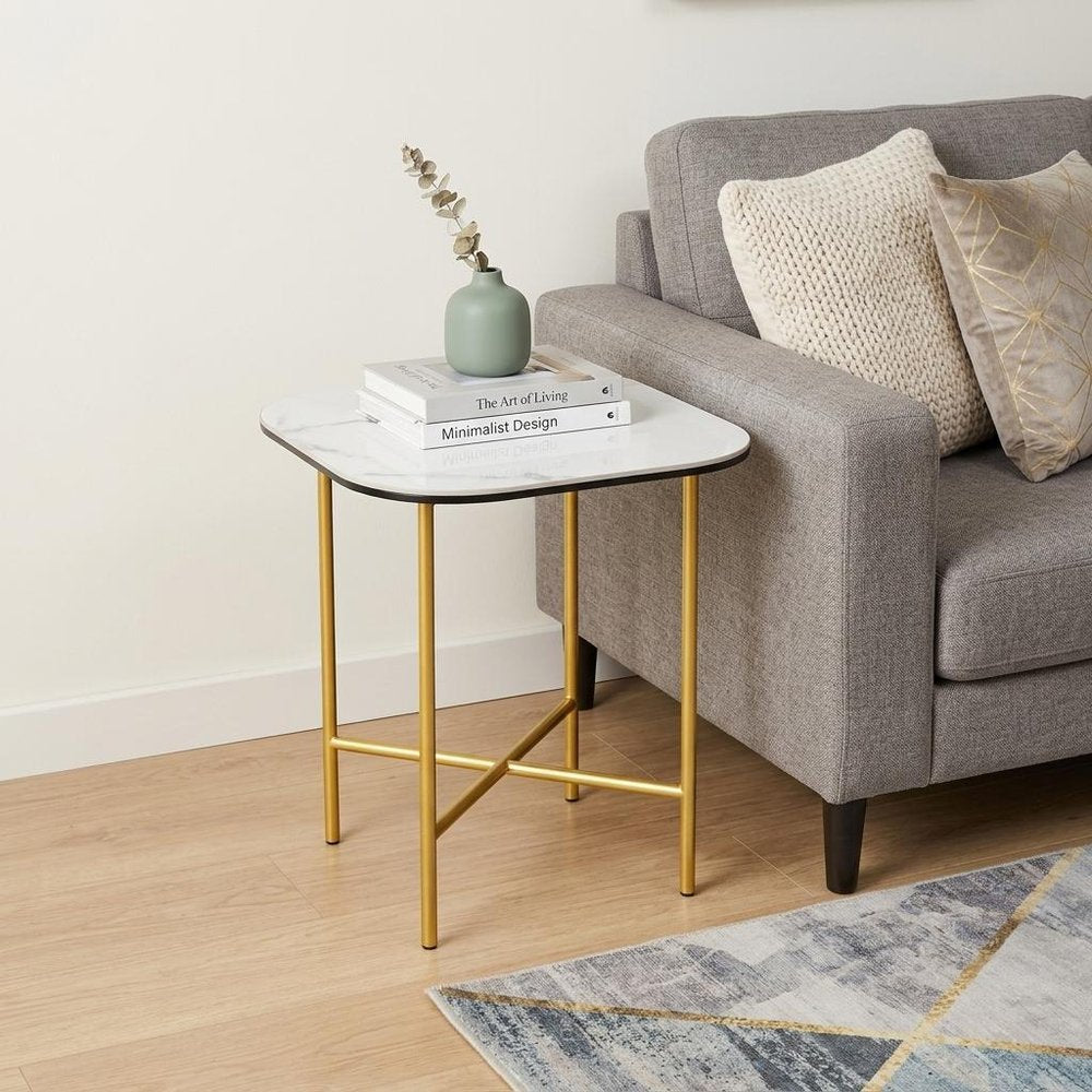 22" White And Gold Ceramic And Metal Square End Table