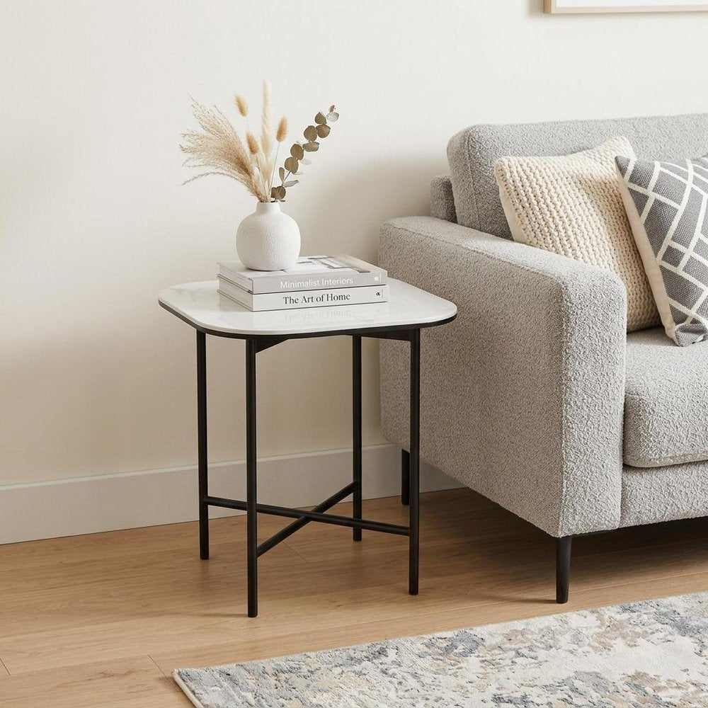 22" White And Black Ceramic And Metal Square End Table