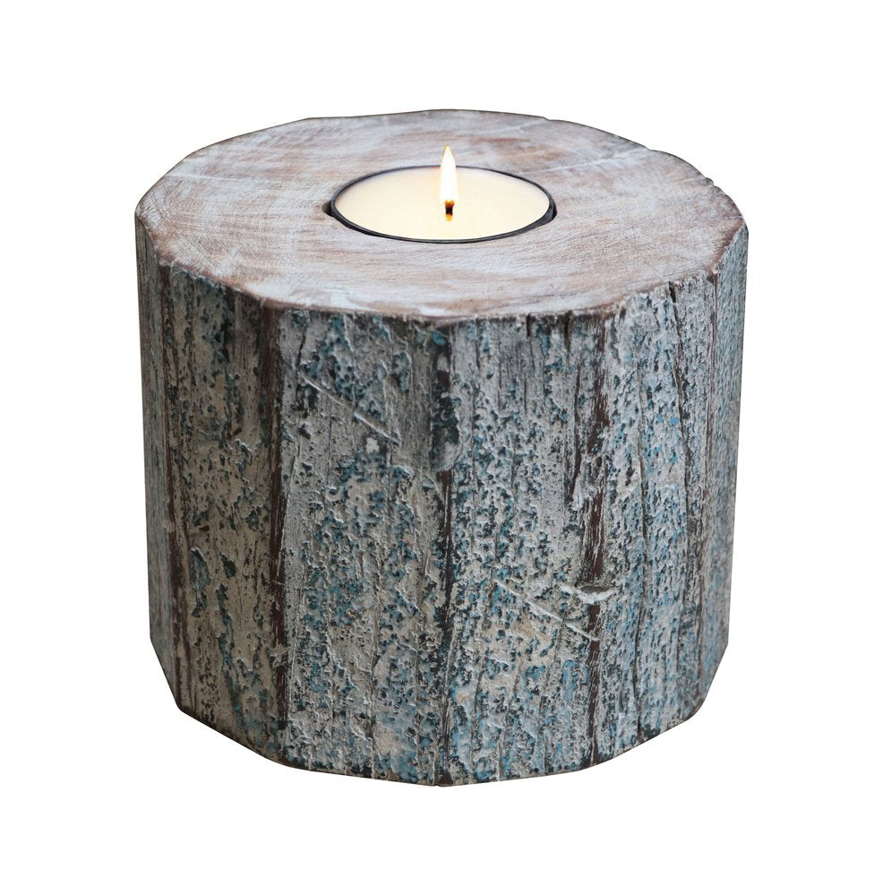 5" Brown And White Solid Wood Tabletop Tealight Candle Holder
