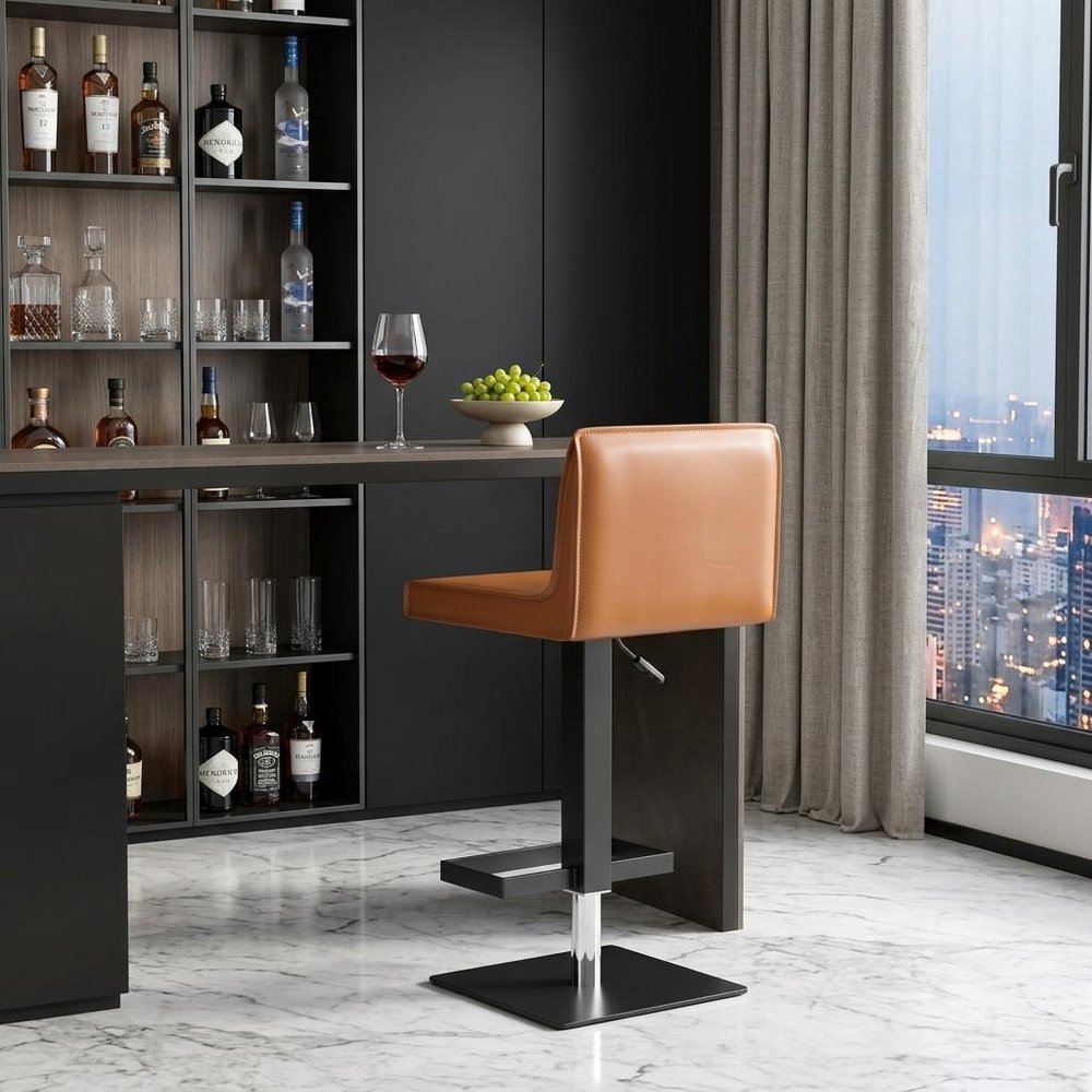 Orange and Black Faux Leather and Metal Low Back Adjustable Height Bar Chair