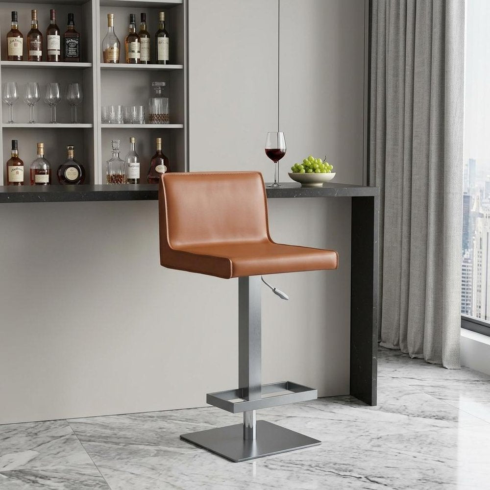 Orange and Black Faux Leather and Metal Low Back Adjustable Height Bar Chair