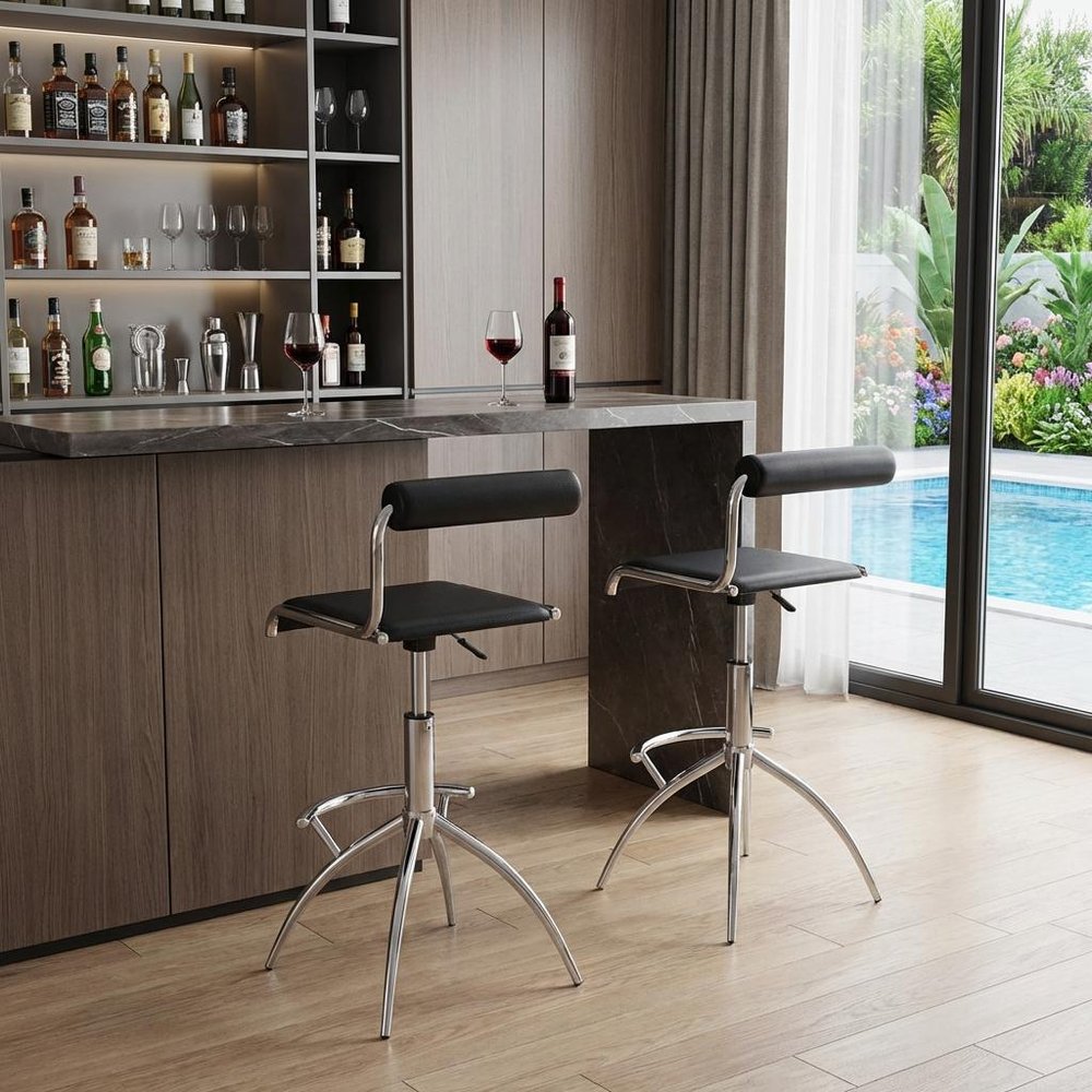 Set of Two Black and Silver Faux Leather and Metal Low Back Adjustable Height Bar Chairs