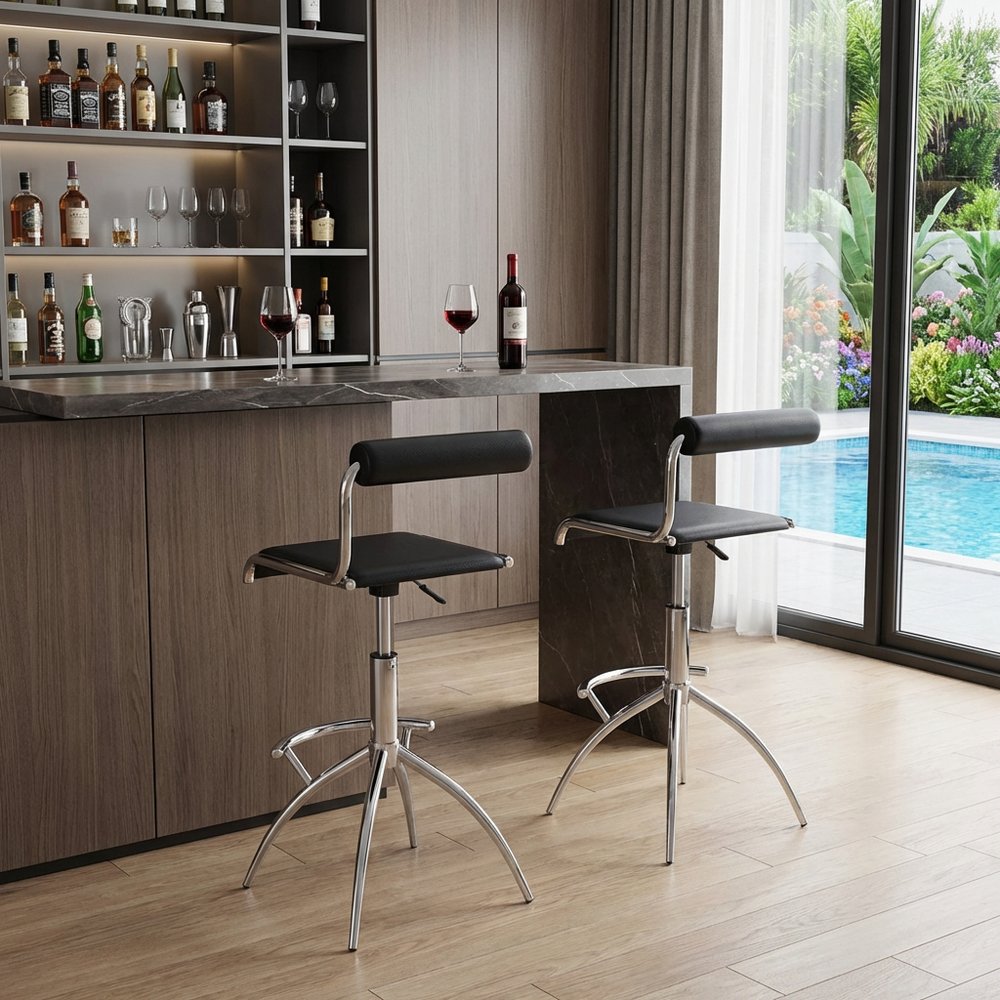 Set of Two Black and Silver Faux Leather and Metal Low Back Adjustable Height Bar Chairs