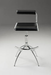 Set of Two Black and Silver Faux Leather and Metal Low Back Adjustable Height Bar Chairs