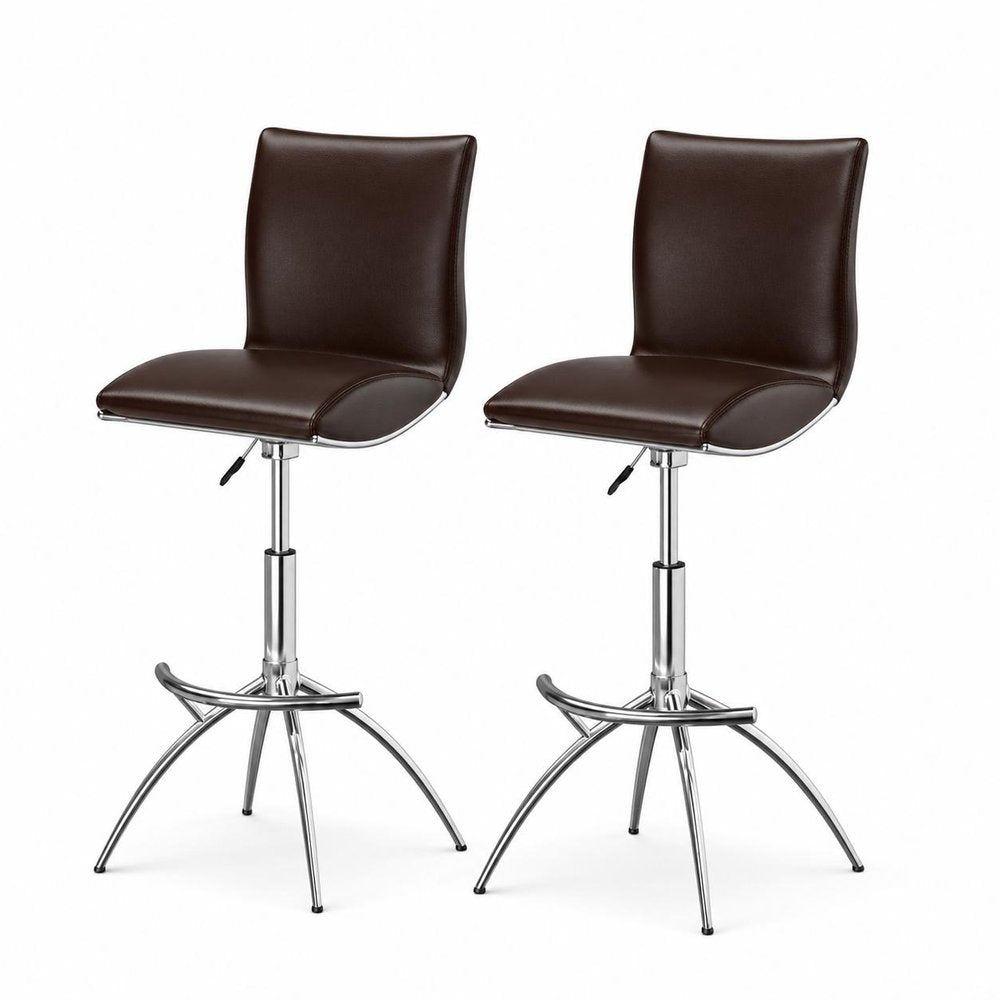 Set of Two Brown and Silver Metal and Faux Leather Low Back Adjustable Height Bar Chairs