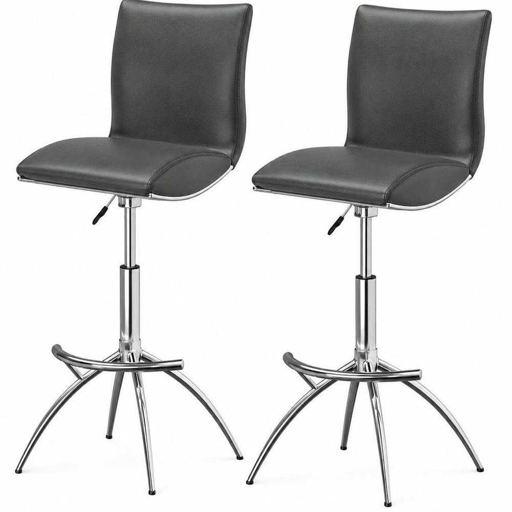 Set of Two Gray and Silver Faux Leather and Metal Low Back Adjustable Height Bar Chairs