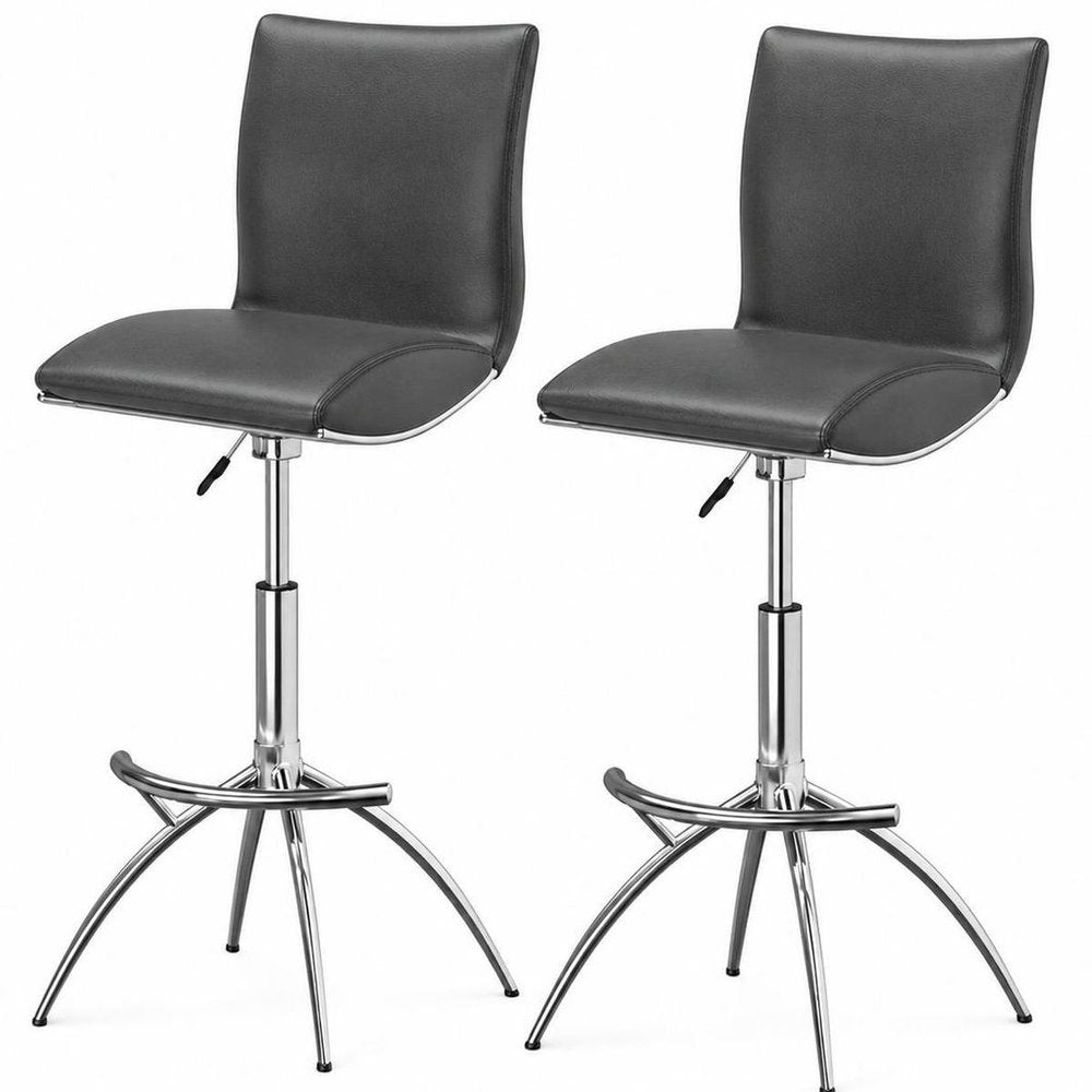 Set of Two Gray and Silver Faux Leather and Metal Low Back Adjustable Height Bar Chairs