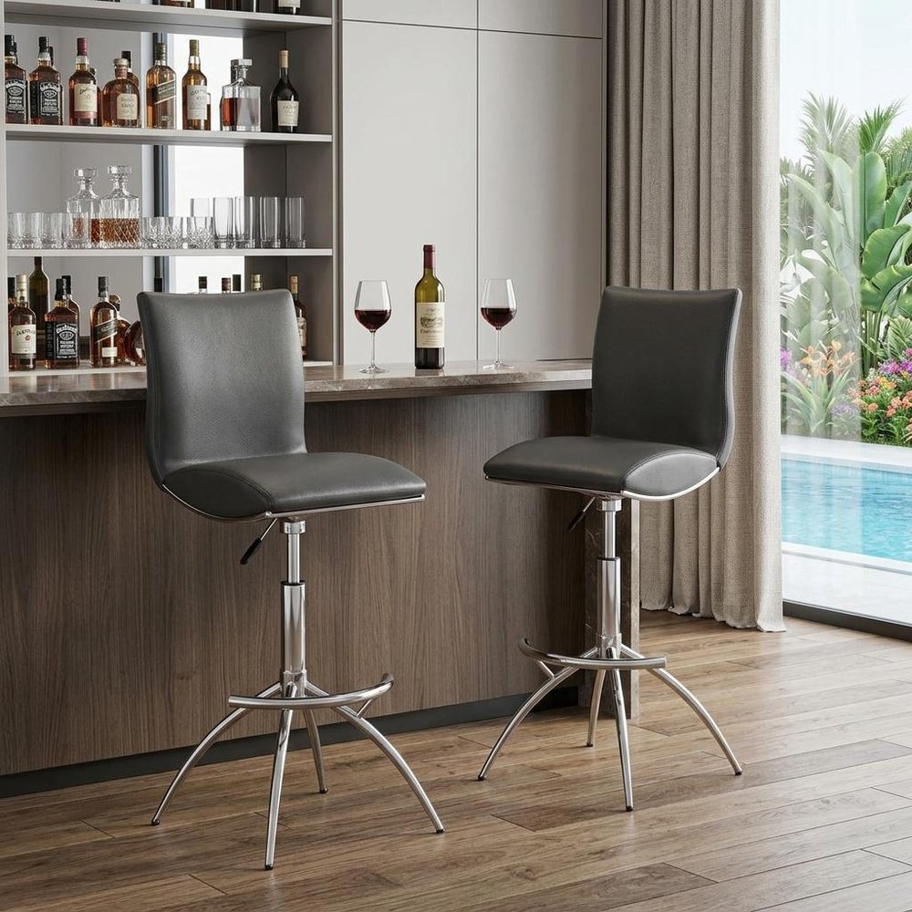 Set of Two Gray and Silver Faux Leather and Metal Low Back Adjustable Height Bar Chairs