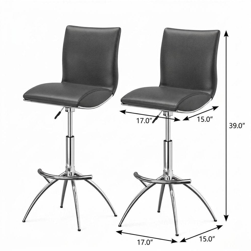 Set of Two Gray and Silver Faux Leather and Metal Low Back Adjustable Height Bar Chairs