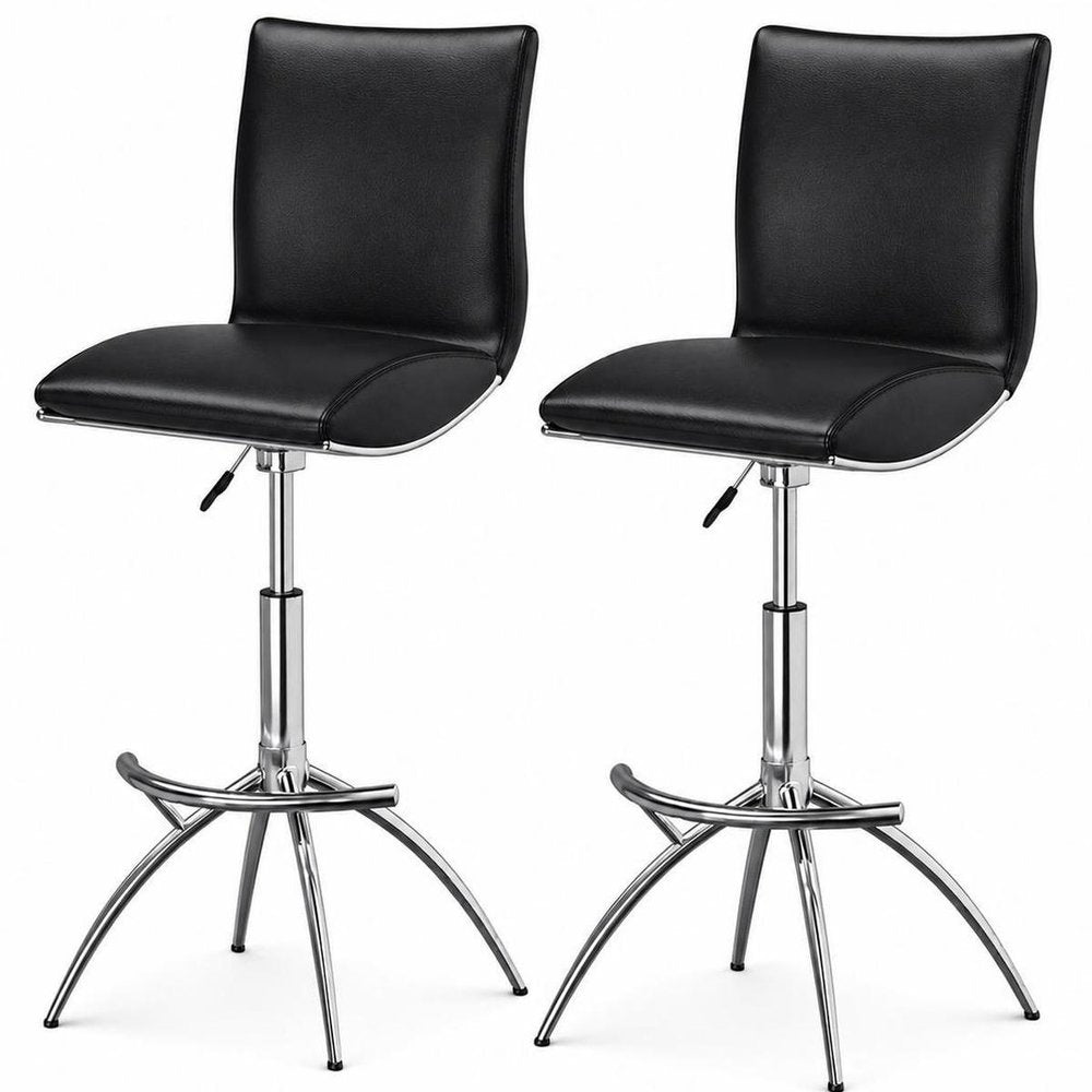 Set of Two Black and Silver Faux Leather and Metal Low Back Adjustable Height Bar Chairs