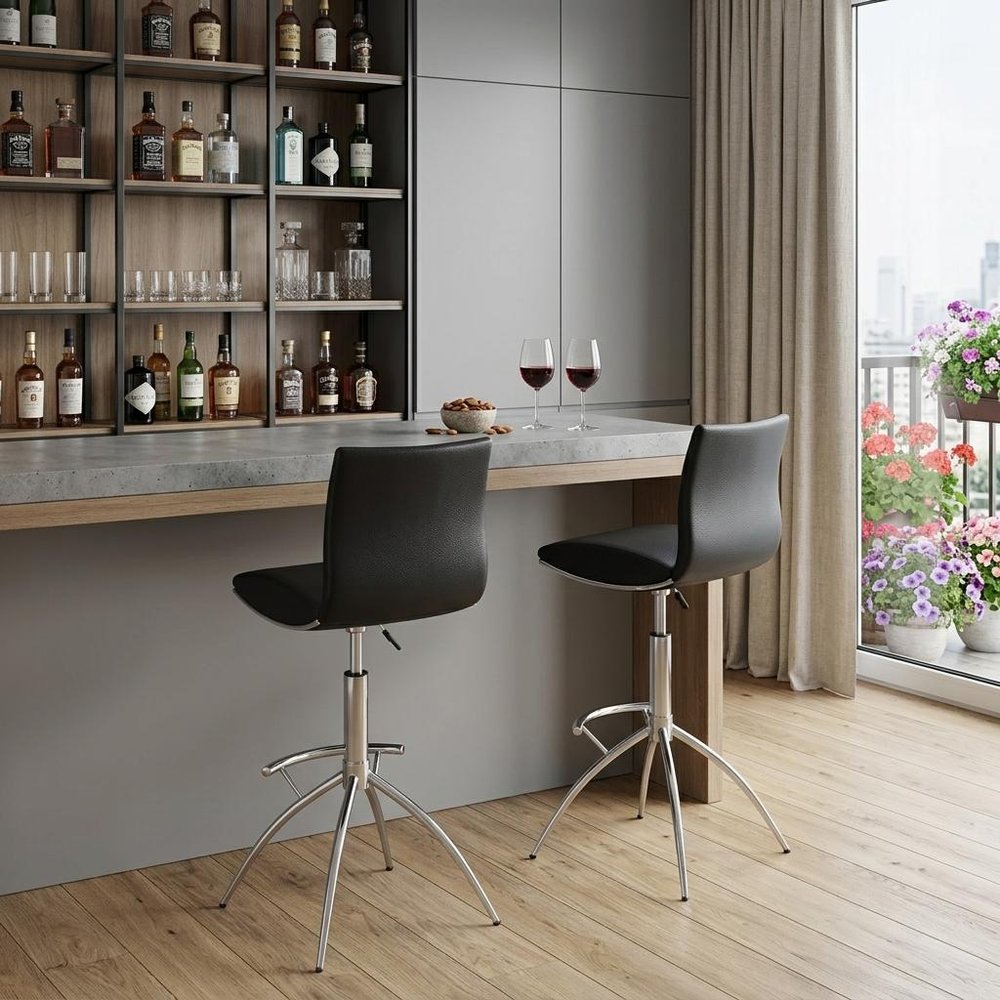 Set of Two Black and Silver Faux Leather and Metal Low Back Adjustable Height Bar Chairs