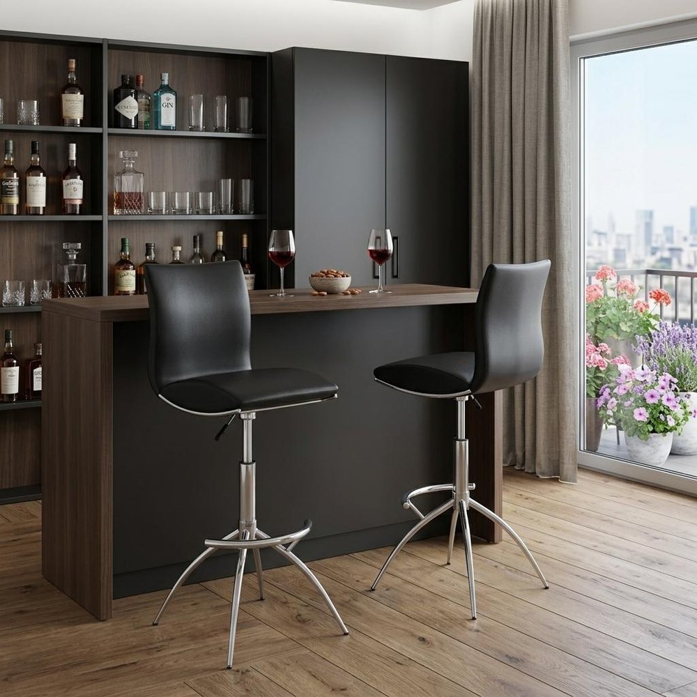 Set of Two Black and Silver Faux Leather and Metal Low Back Adjustable Height Bar Chairs
