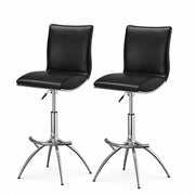 Set of Two Black and Silver Faux Leather and Metal Low Back Adjustable Height Bar Chairs