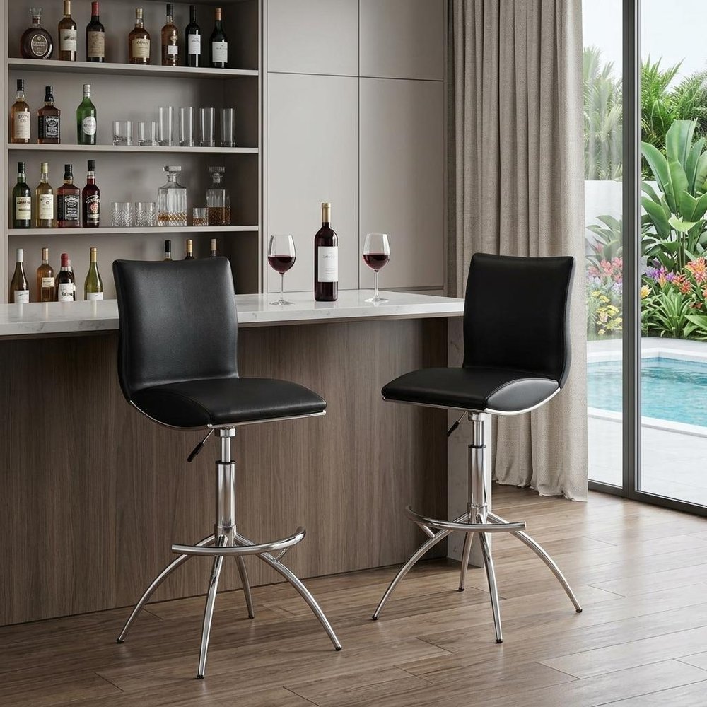 Set of Two Black and Silver Faux Leather and Metal Low Back Adjustable Height Bar Chairs