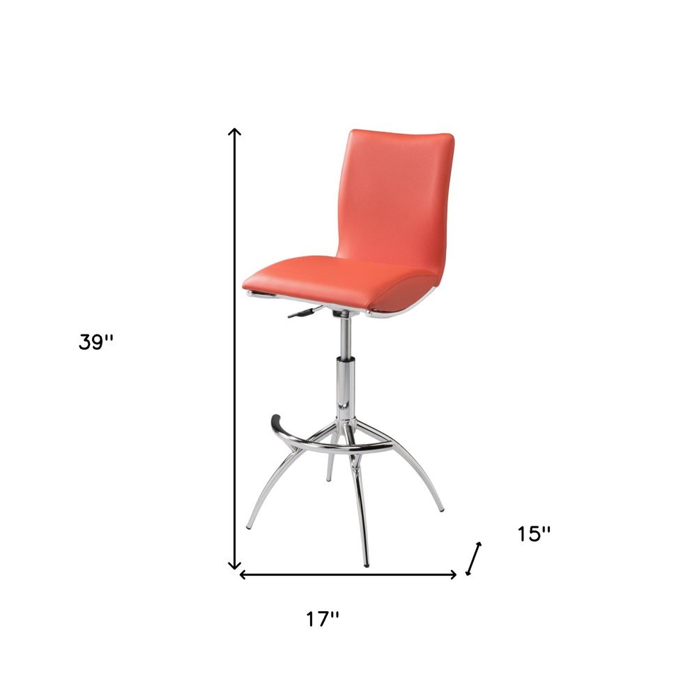 Set of Two Orange and Silver Faux Leather and Metal Low Back Adjustable Height Bar Chairs