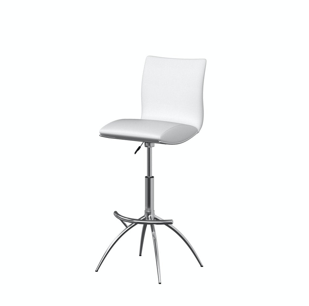Set of Two White and Silver Faux Leather and Metal Low Back Adjustable Height Bar Chairs
