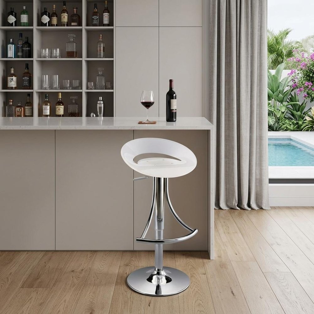 White and Silver Acrylic and Metal Low Back Adjustable Height Bar Chair