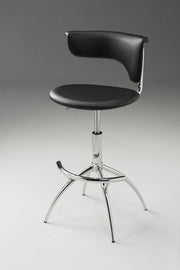Set of Two Black and Silver Metal and Faux Leather Low Back Adjustable Height Bar Chairs