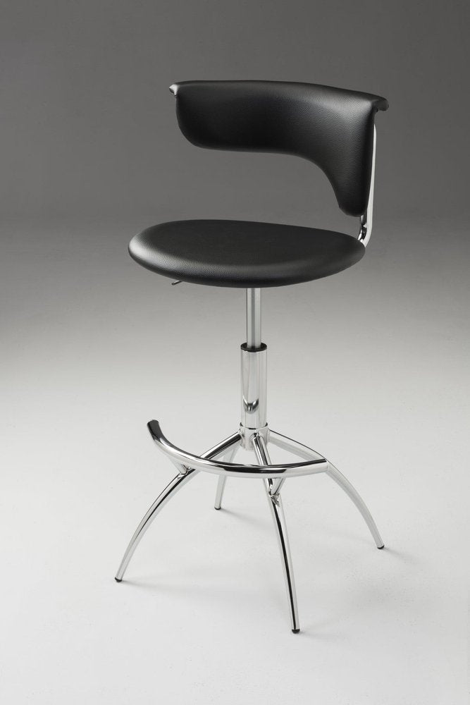 Set of Two Black and Silver Metal and Faux Leather Low Back Adjustable Height Bar Chairs