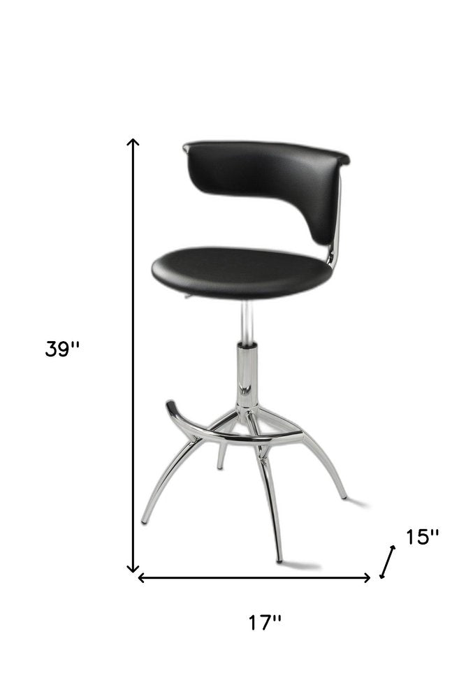 Set of Two Black and Silver Metal and Faux Leather Low Back Adjustable Height Bar Chairs