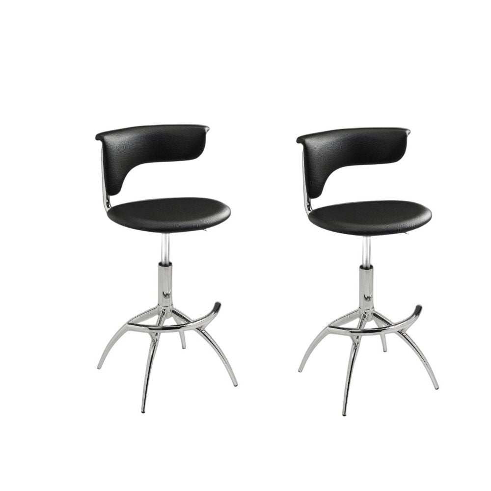 Set of Two Black and Silver Metal and Faux Leather Low Back Adjustable Height Bar Chairs