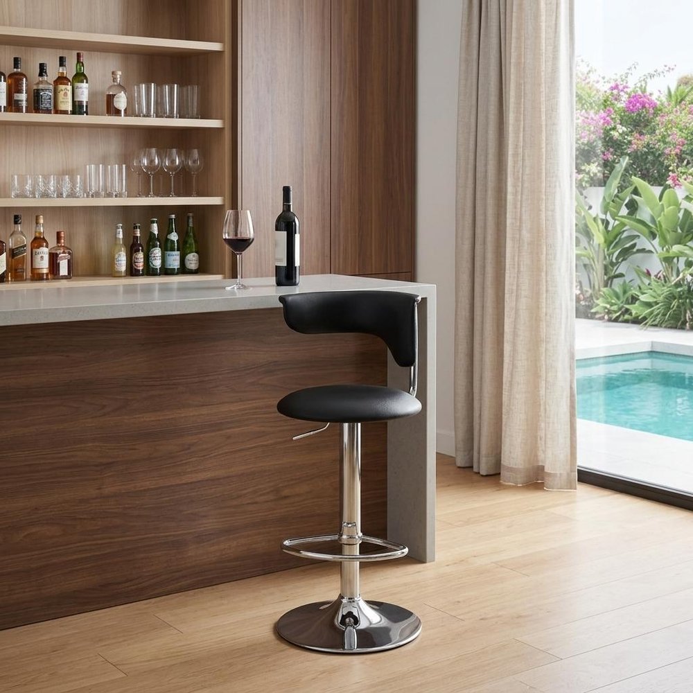 Black and Silver Faux Leather and Metal Low Back Adjustable Height Bar Chair