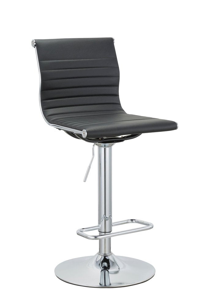 Set of Two Black and Silver Faux Leather and Metal Low Back Adjustable Height Bar Chairs