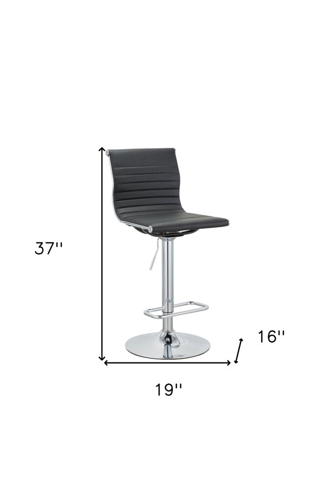Set of Two Black and Silver Faux Leather and Metal Low Back Adjustable Height Bar Chairs