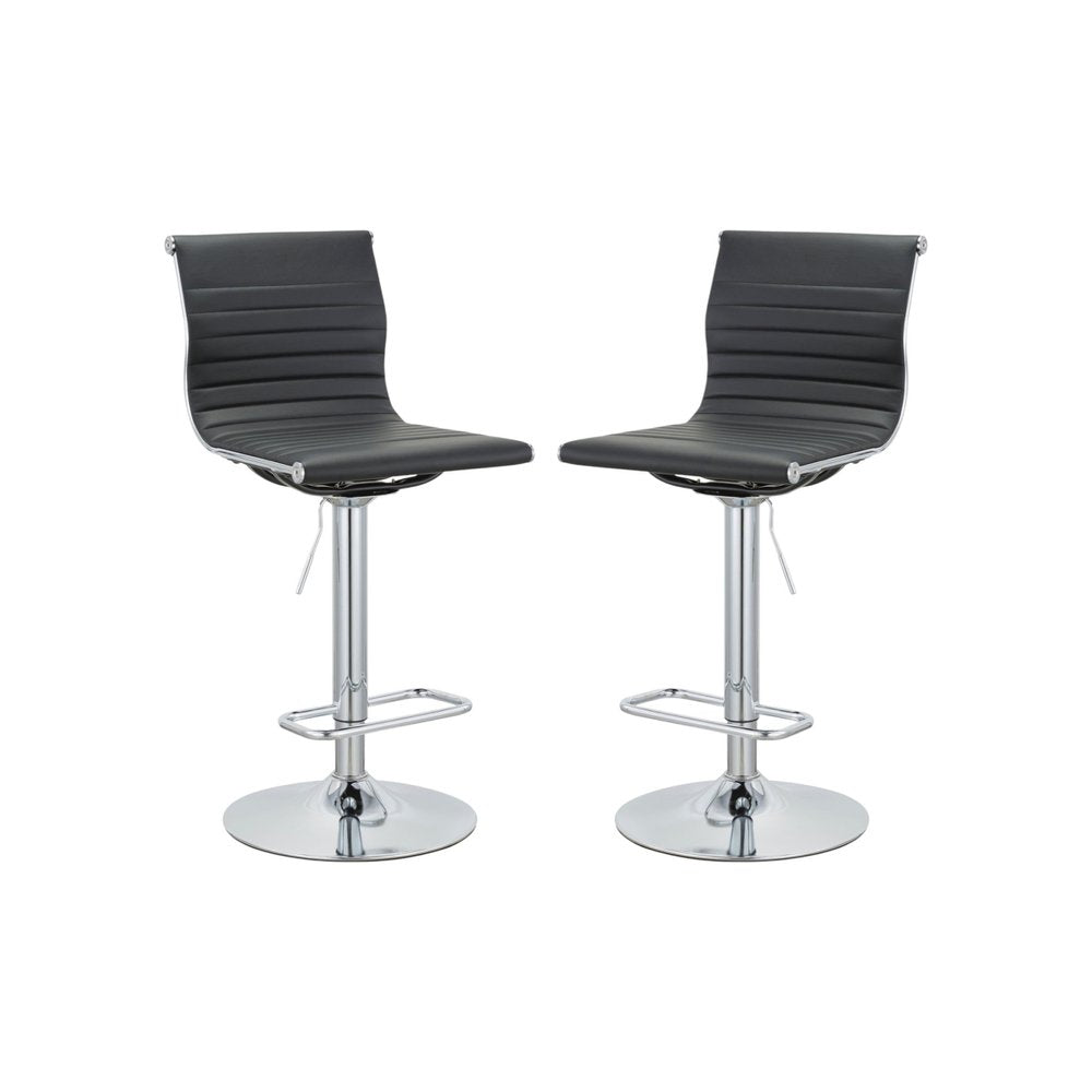 Set of Two Black and Silver Faux Leather and Metal Low Back Adjustable Height Bar Chairs