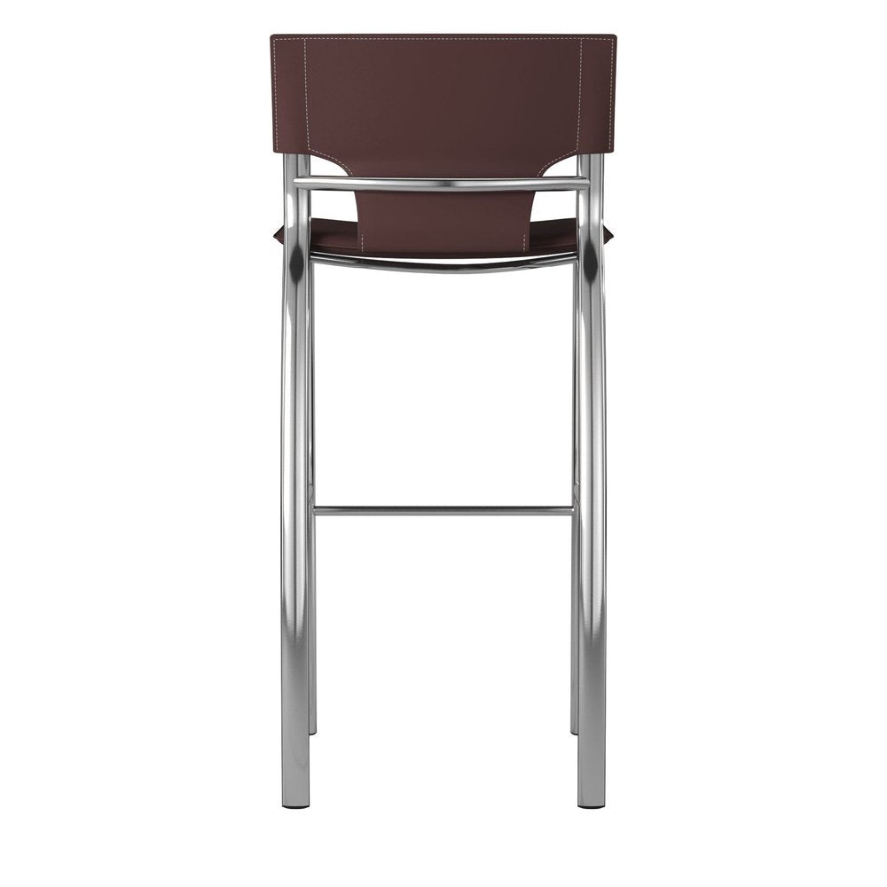 Set of Two 25" Brown and Silver Faux Leather and Metal Low Back Counter Height Bar Chairs