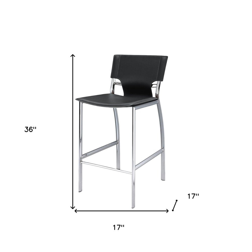 Set of Two 25" Black and Silver Faux Leather and Metal Low Back Counter Height Bar Chairs