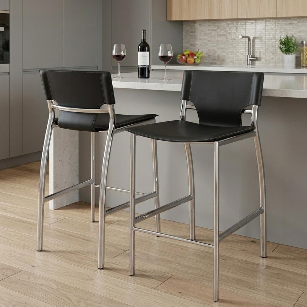 Set of Two 25" Black and Silver Faux Leather and Metal Low Back Counter Height Bar Chairs