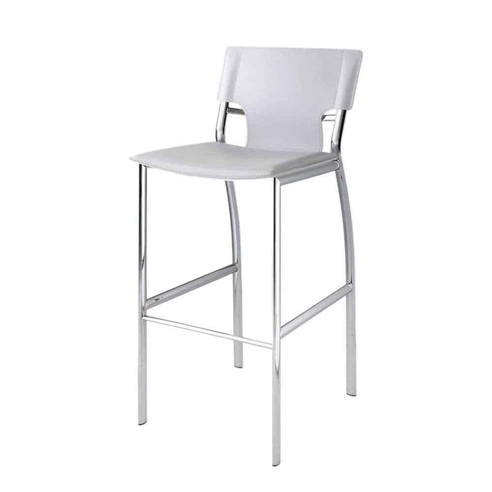 Set of Two 25" White and Silver Faux Leather and Metal Low Back Counter Height Bar Chairs