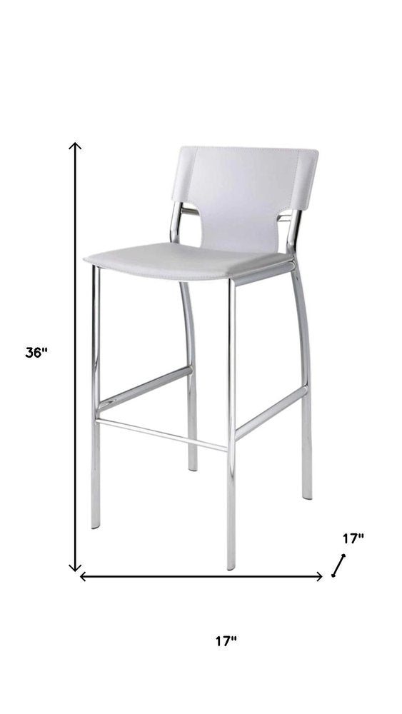 Set of Two 25" White and Silver Faux Leather and Metal Low Back Counter Height Bar Chairs