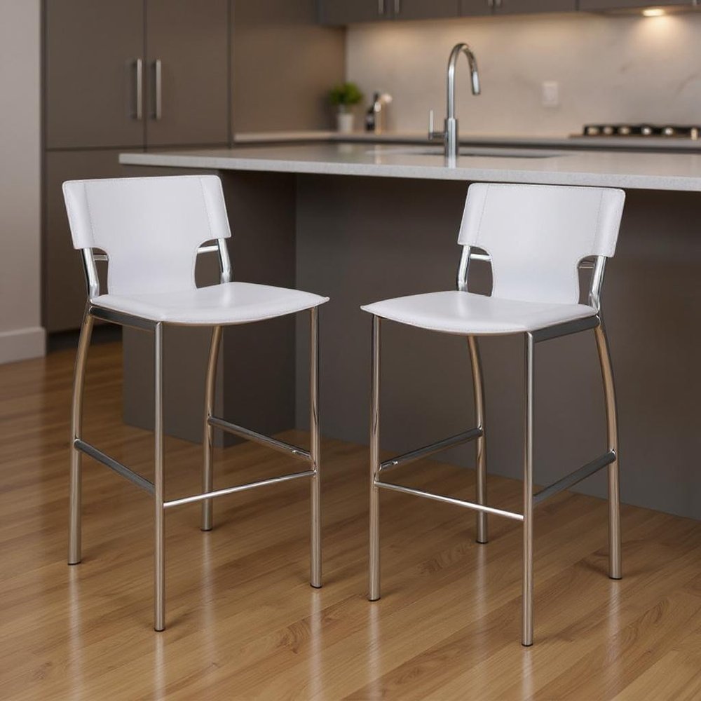 Set of Two 25" White and Silver Faux Leather and Metal Low Back Counter Height Bar Chairs