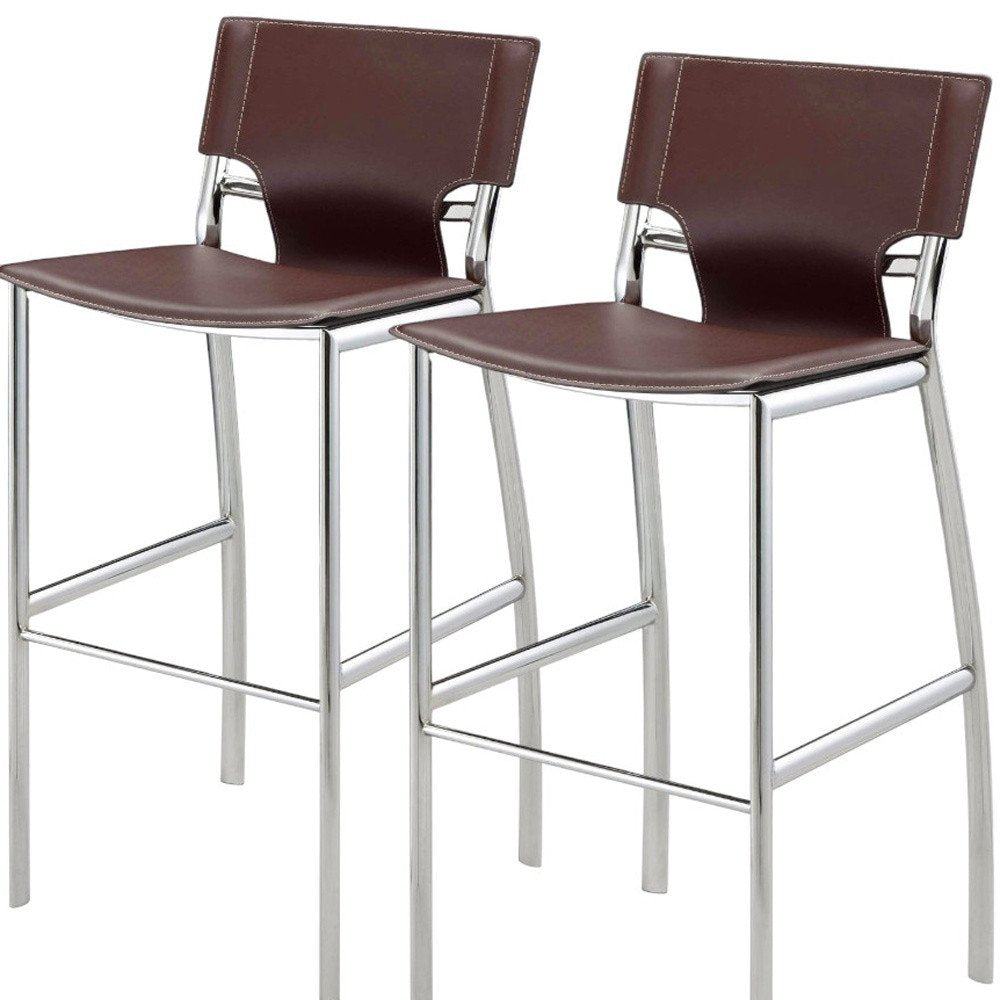 Set of Two 29" Brown and Silver Metal and Faux Leather Low Back Bar Height Bar Chairs
