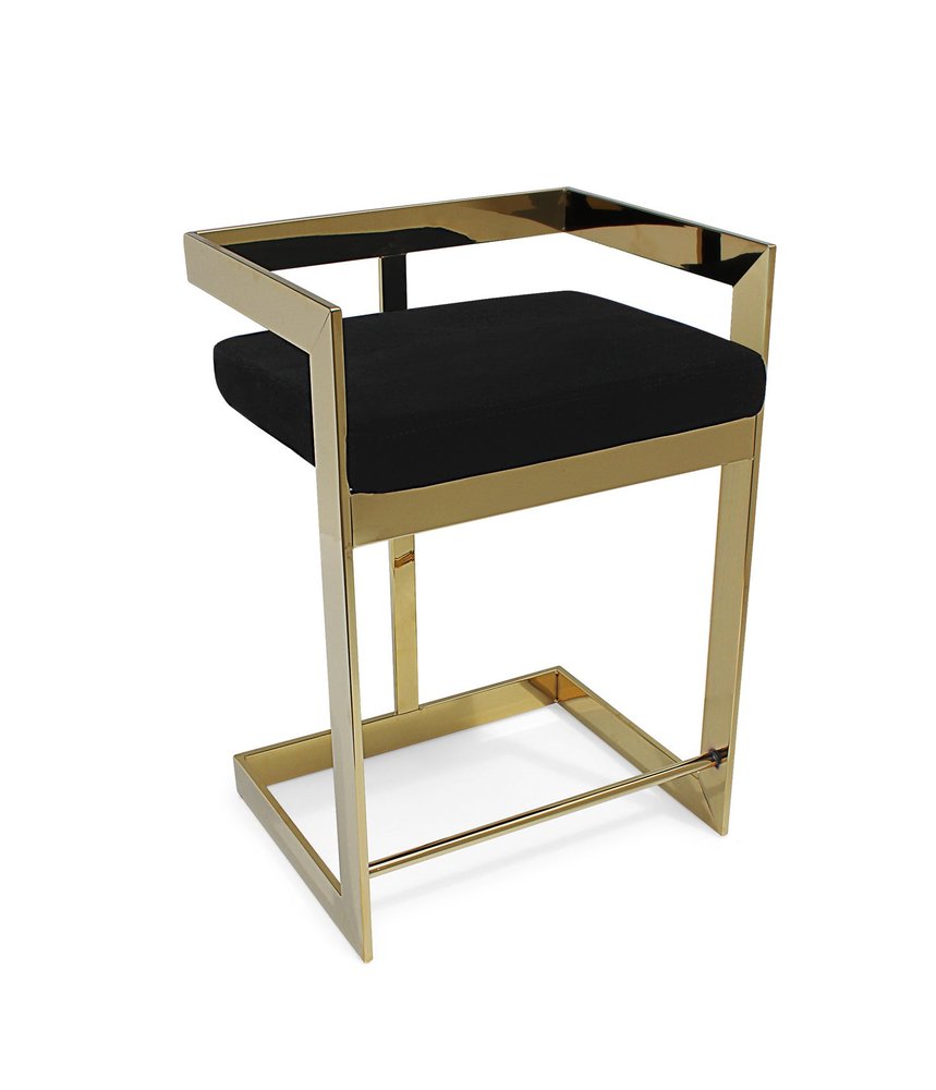 30" Black and Gold Velvet and Stainless Steel Low Back Bar Height Bar Chair
