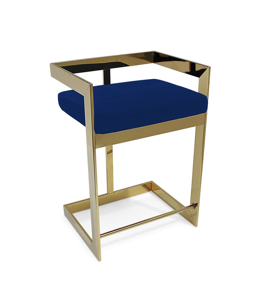 30" Blue and Gold Metal and Velvet Low Back Bar Height Bar Chair
