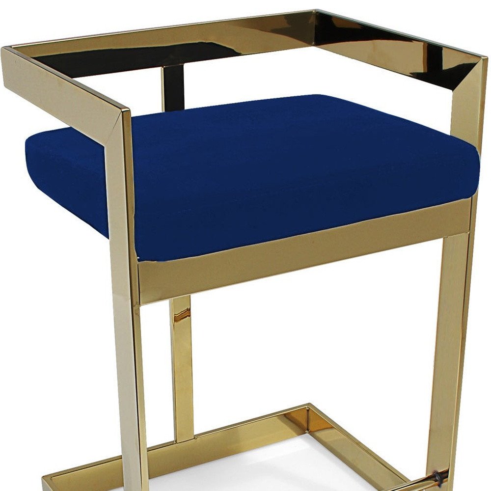 30" Blue and Gold Metal and Velvet Low Back Bar Height Bar Chair