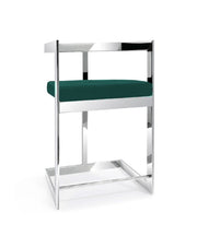 30" Green and Silver Metal and Velvet Low Back Bar Height Bar Chair