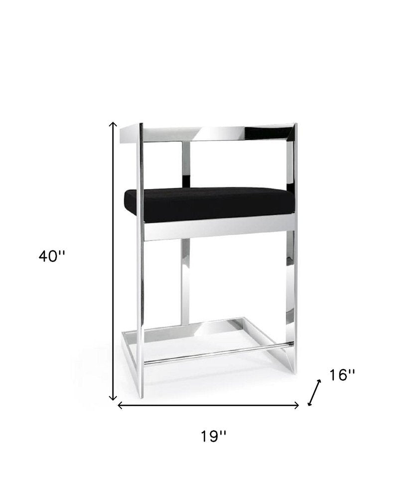 30" Black and Silver Velvet and Stainless Steel Low Back Bar Height Bar Chair