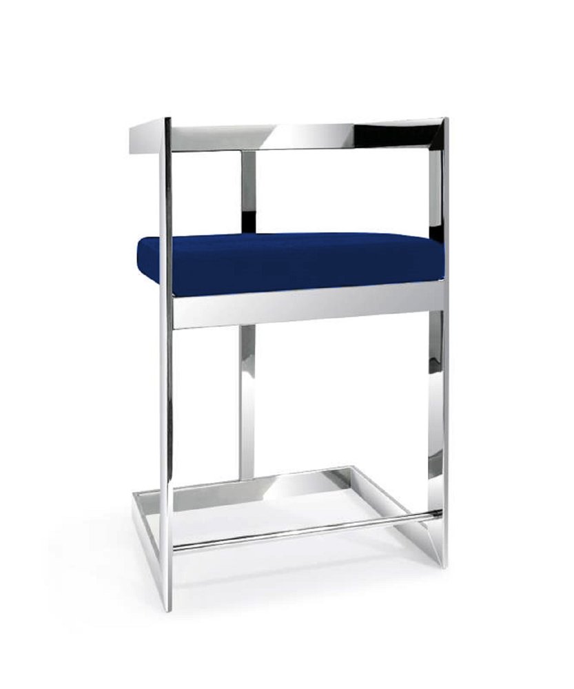26" Blue and Silver Metal and Velvet Low Back Counter Height Bar Chair