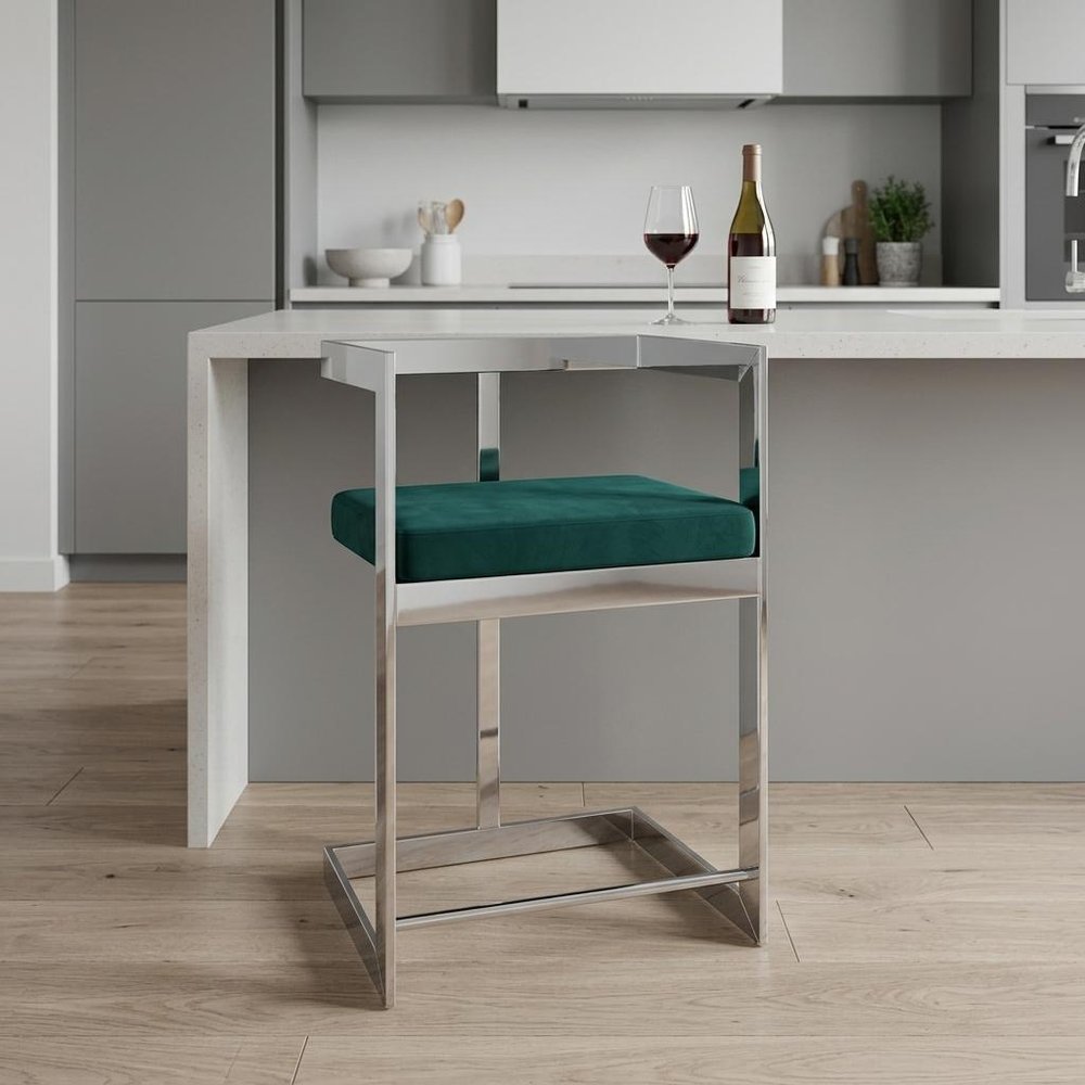 26" Green and Silver Velvet and Stainless Steel Low Back Counter Height Bar Chair