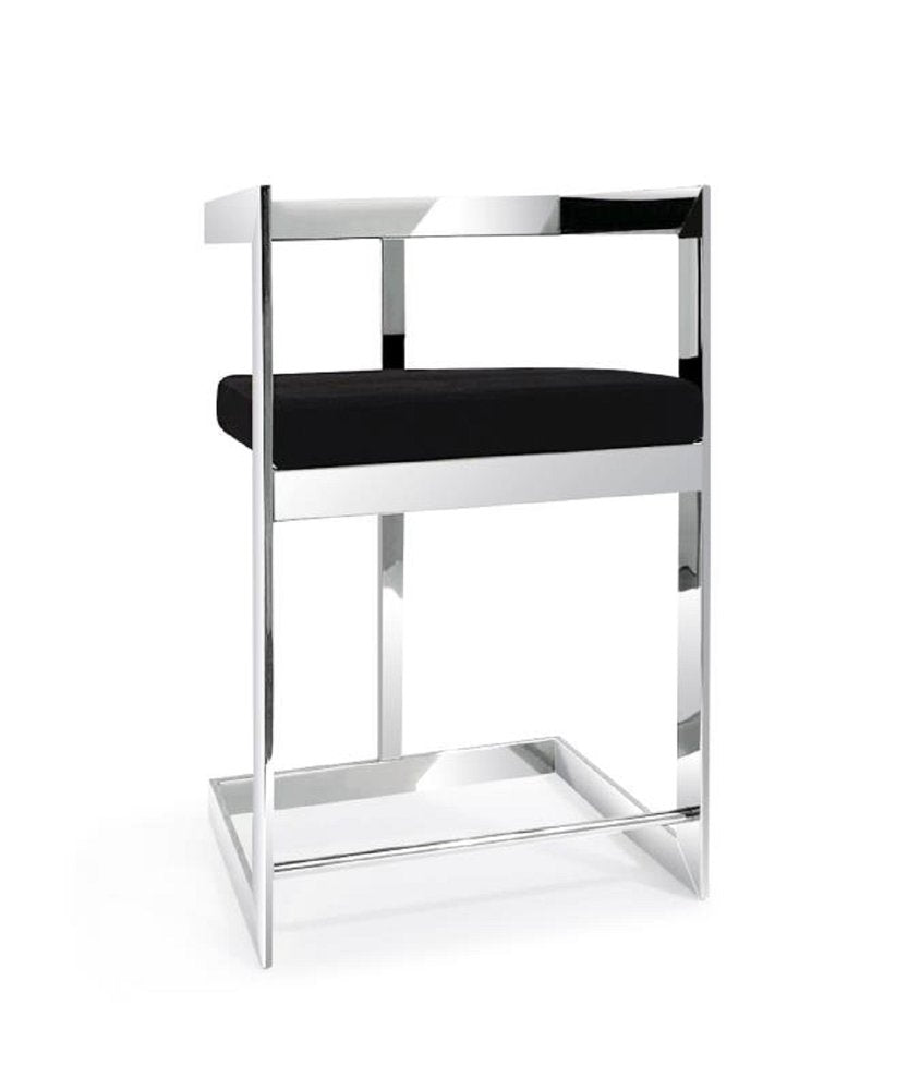 26" Black and Silver Velvet and Stainless Steel Low Back Counter Height Bar Chair