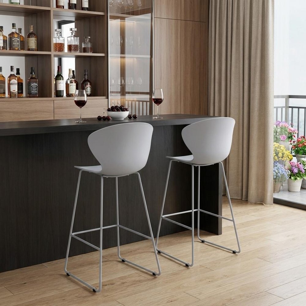 Set of Two 30" Gray Heavy Duty Plastic and Metal Low Back Bar Height Bar Chairs